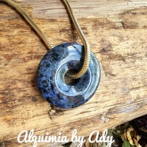 Lapis lazuli pendant disc gold snake chain chunky necklace